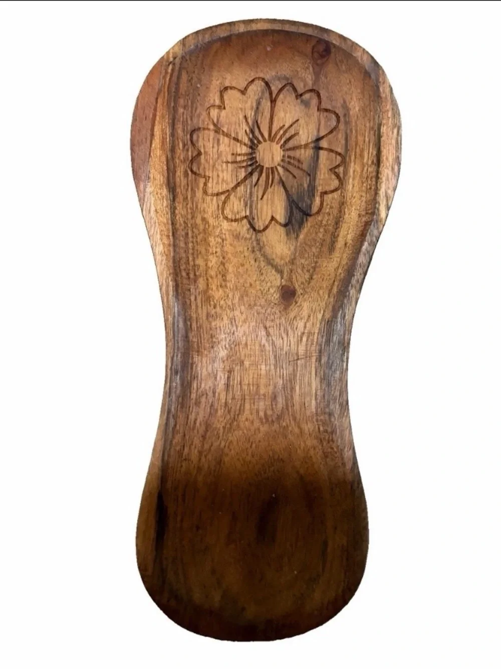 Carved Acacia Wood Spoon Rest with Laser-Engraved Floral Design